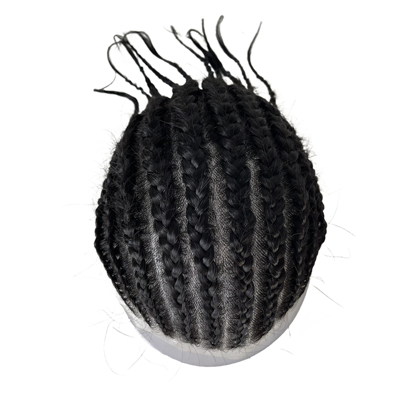 Systèmes de cheveux humains vierges vietnamiens 1 # Jet Black Cornrow Braids 8x10 Unité de peau de toupet en PU complet pour hommes noirs