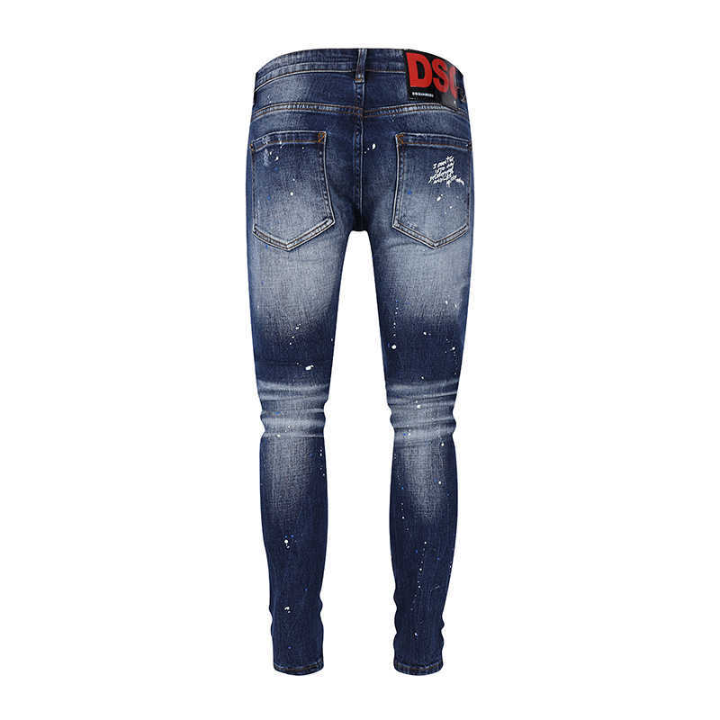 Men's Jeans new season splashed ink paint with holes washed cotton breathable and slim fit casual denim pants for men trendy