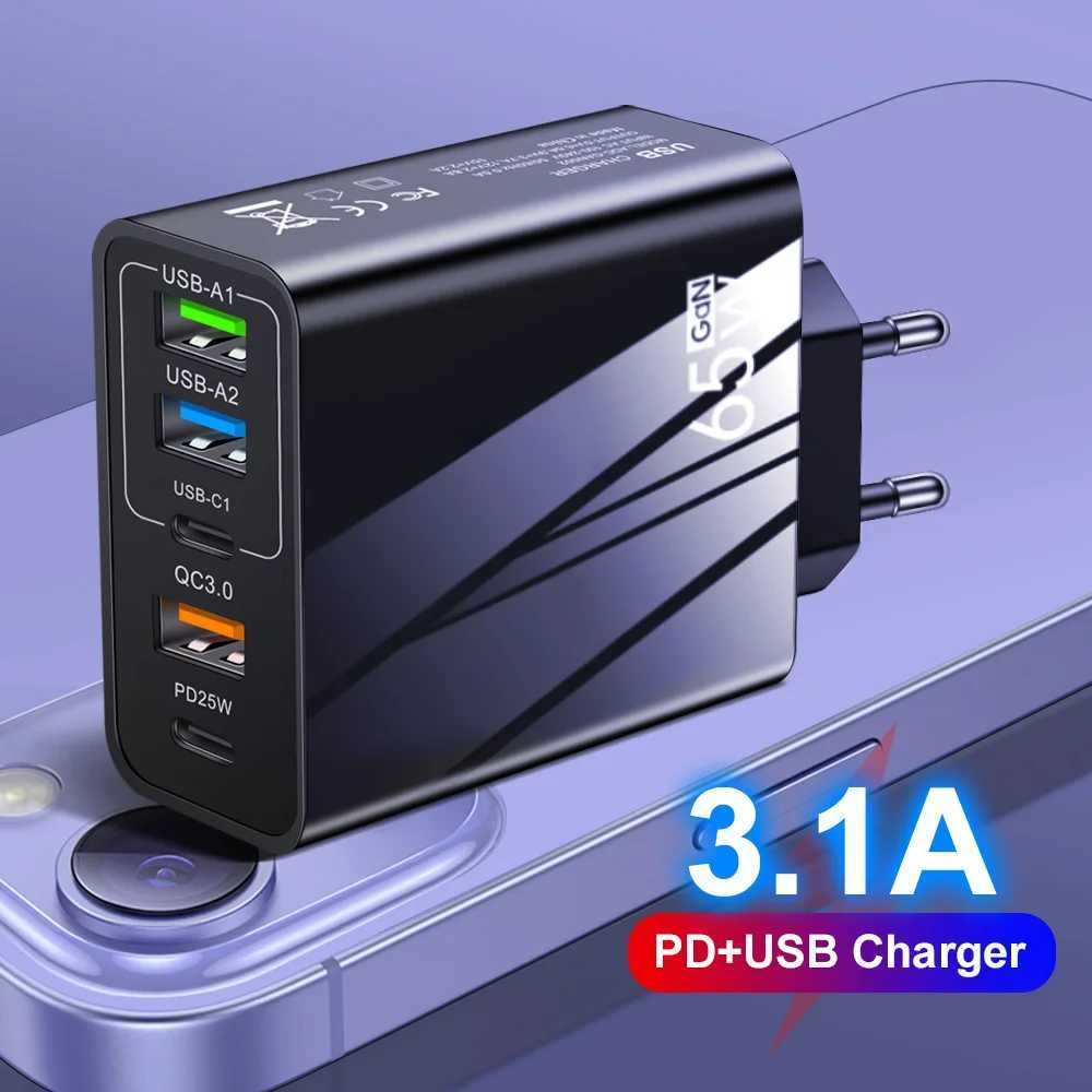 Cell Phone Chargers 65W USB Charger Quick Charge 3.0 5 ports Type C PD Fast Charging Mobile Phone Adapter For Samsung 14 Wall Charger