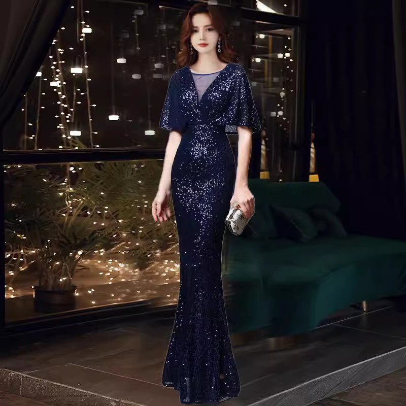 Robe de soirée longue à paillettes, col en v, queue de poisson, slim, robe de banquet, robe d'hôte