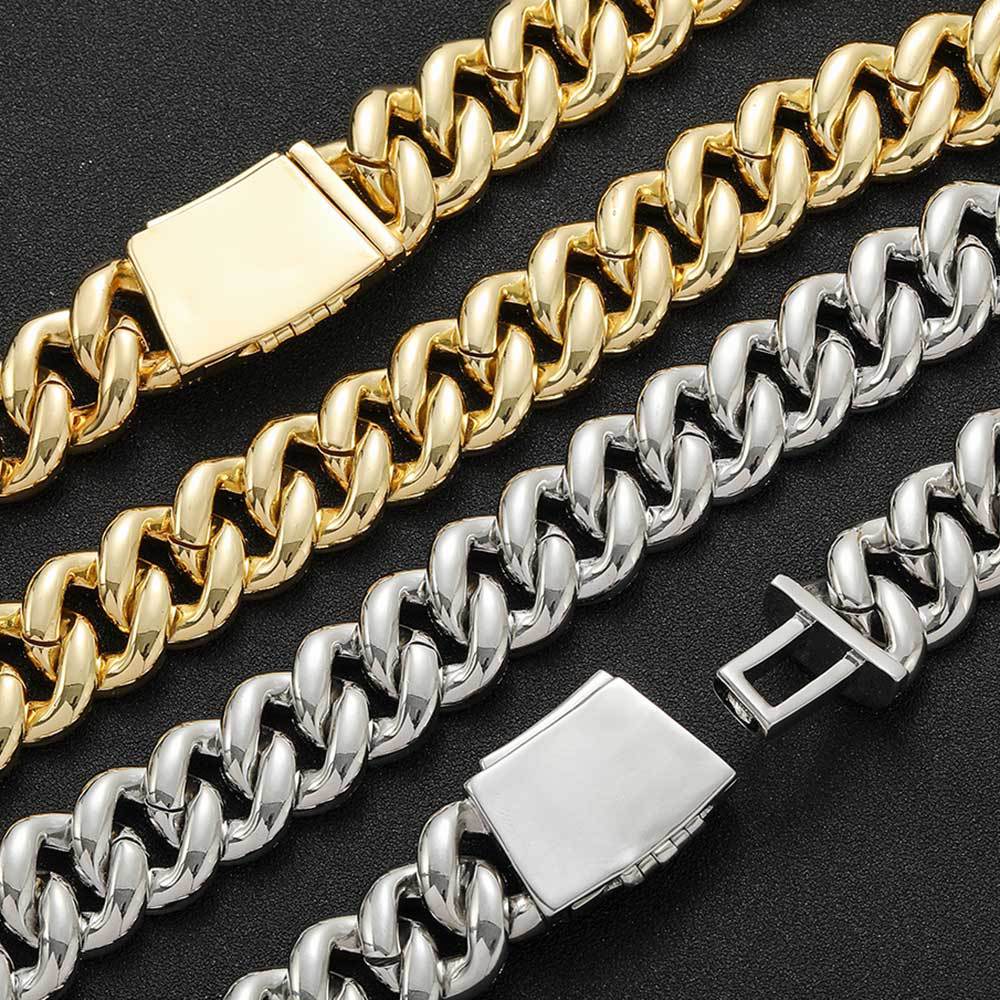 15/20mm Hip Hop T Zircon Miami Cuban Link Chain Mens Necklace 18k Real Gold Plated Men Zircon Spring Buckle Heavy Jewelry