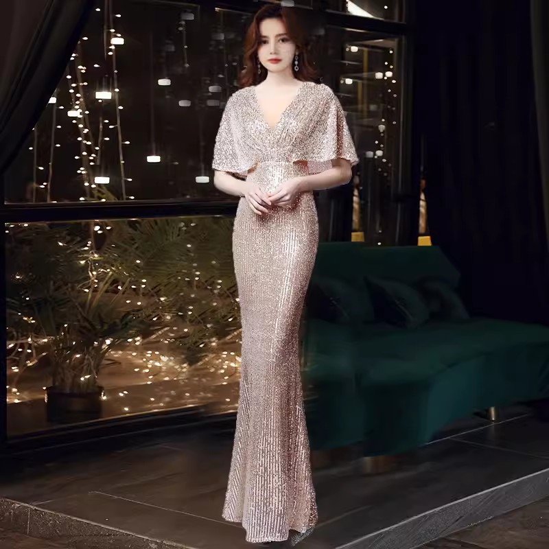 Robe de soirée longue à paillettes, col en v, queue de poisson, slim, robe de banquet, robe d'hôte