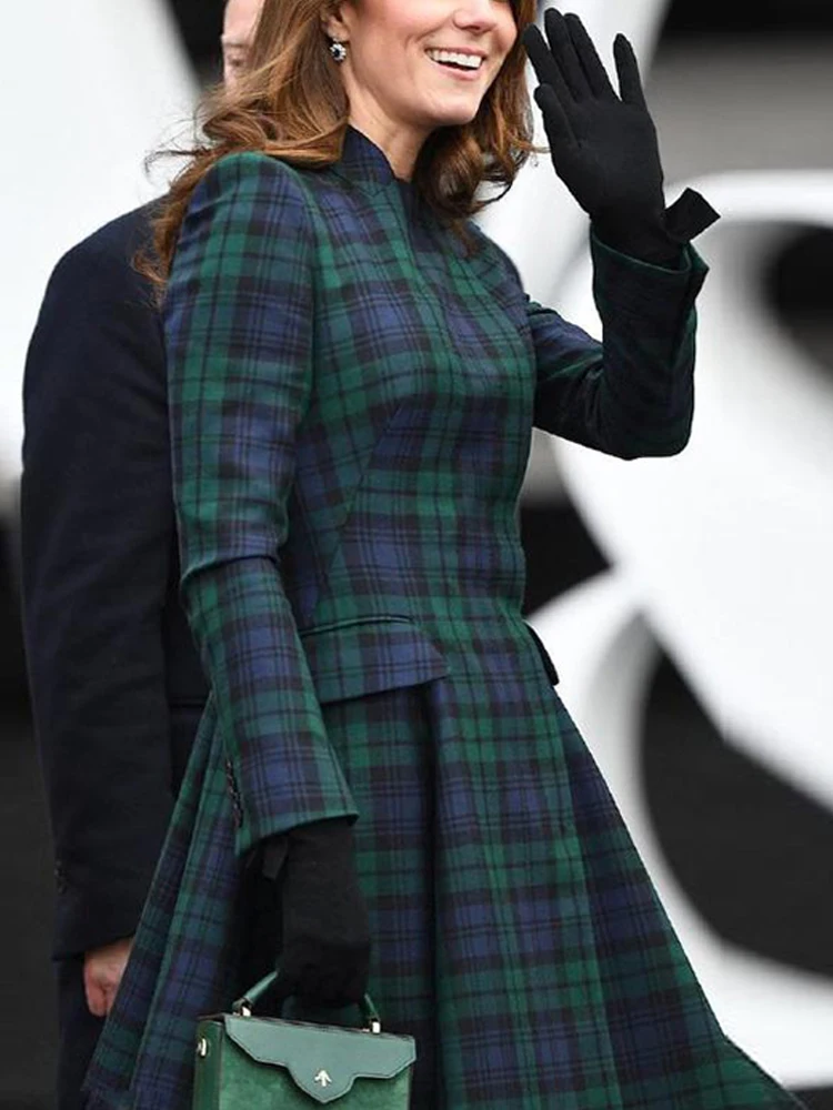 Abito midi scozzese elegante da principessa di alta qualità primavera autunno nuova moda da donna feste casual da ufficio vintage sul posto di lavoro