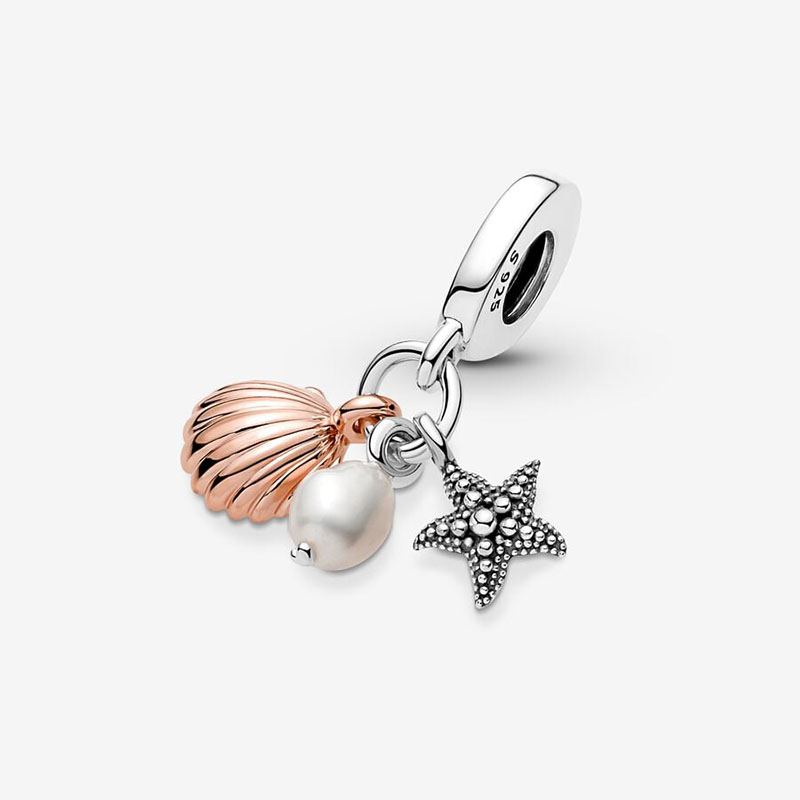 Starfish Shell Triple Dangle Charm para Pandora Real 925 Sterling Silver Charms Pulseira Colar Fazendo Acessórios com Caixa Original Conjunto de Alta Qualidade