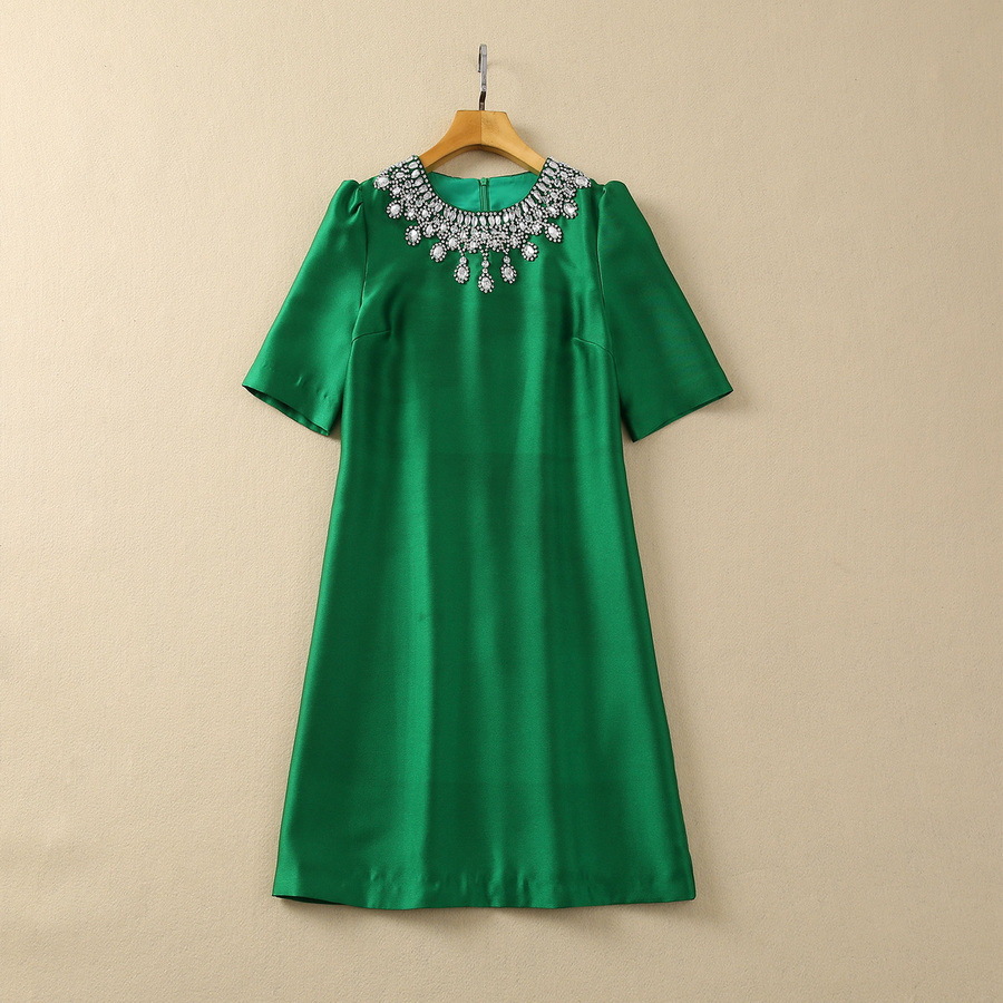 10068 XXL 2024 Runway Dress SPring Summer Dress Beads Crew Neck Green Black Brand Same Style Womens Dress Fashion High Quality SH