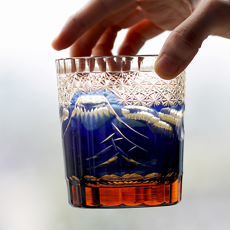 Japanese Edo Kiriko Fuji Mountain Hand Cut to Clear Whiskey Glass Blue Green Black Red 9oz with Gift Box