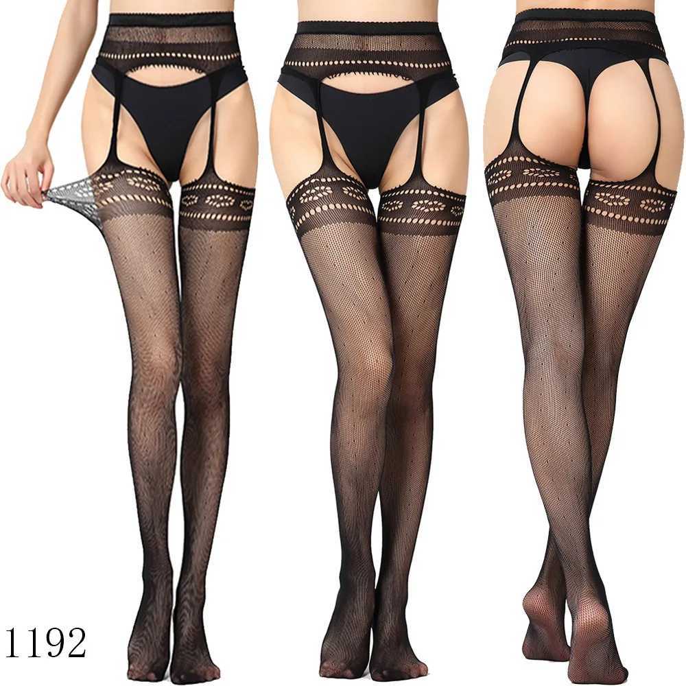 Chaussettes Bonneterie Sexy Femmes Bas Net Gothique Maille Résille Collants Noir Ouvert Entrejambe Bretelles Collants Sous-Vêtements Érotiques Lingerie Party Club YQ240122