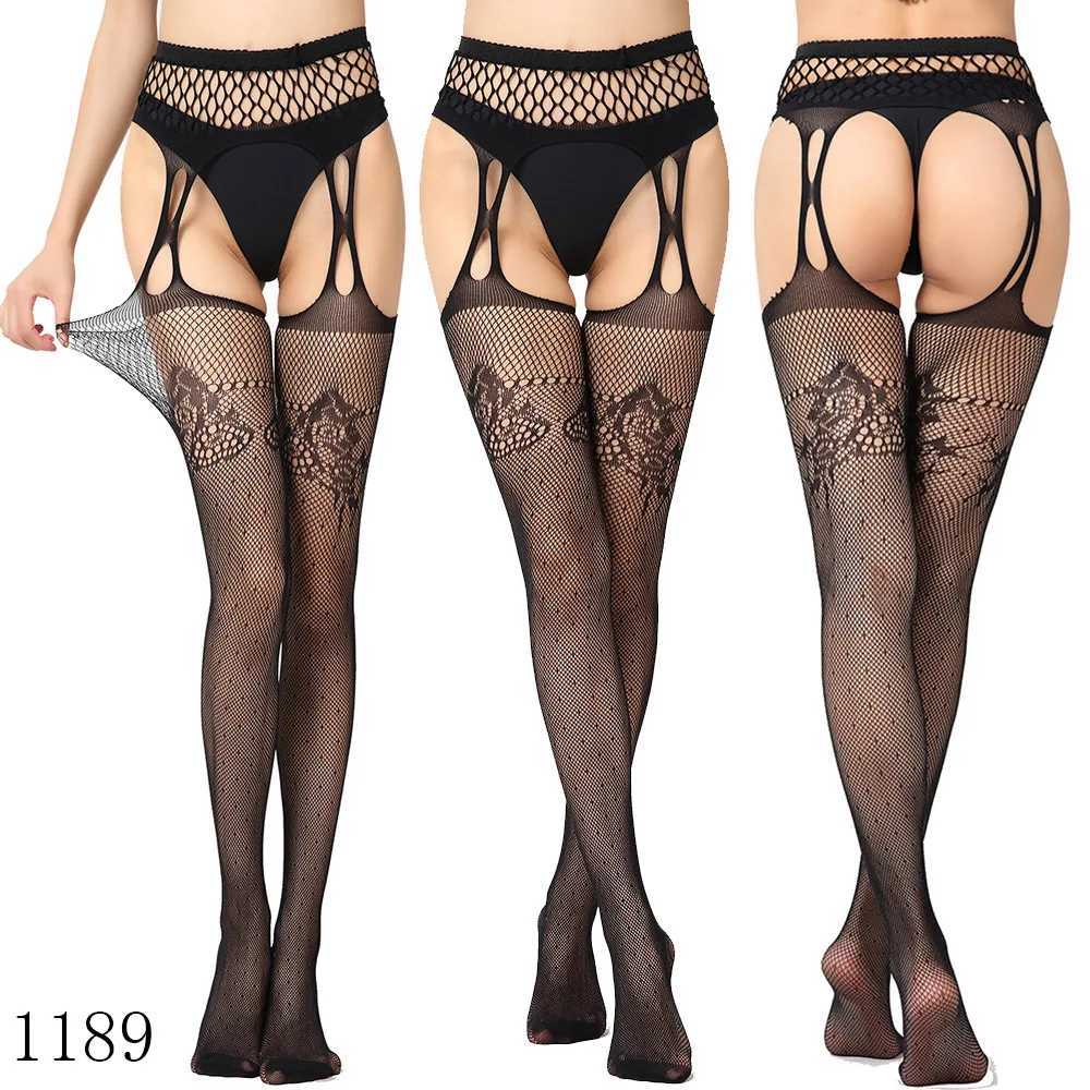 Socks Hosiery Sexy Women Net Stockings Gothic Mesh Fishnets Tights Black Open Crotch Suspenders Pantyhose Erotic Underwear Lingerie Party Club YQ240122