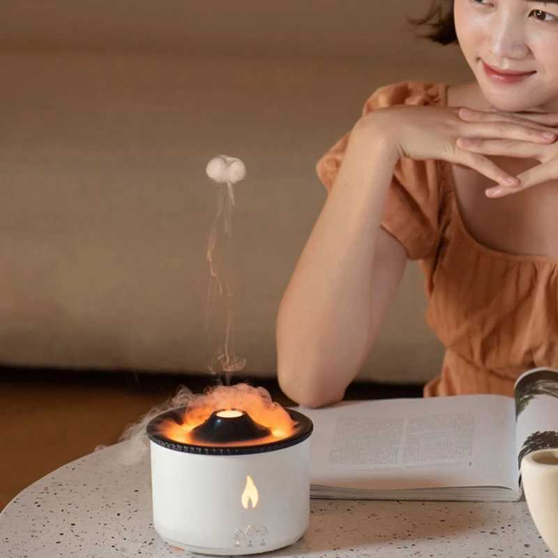 Humidifiers Desktop Air Humidifier Electric Aroma Essential Oil Diffuser With Flame Lamp Eruption Fragrance Machine US Plug YQ240122