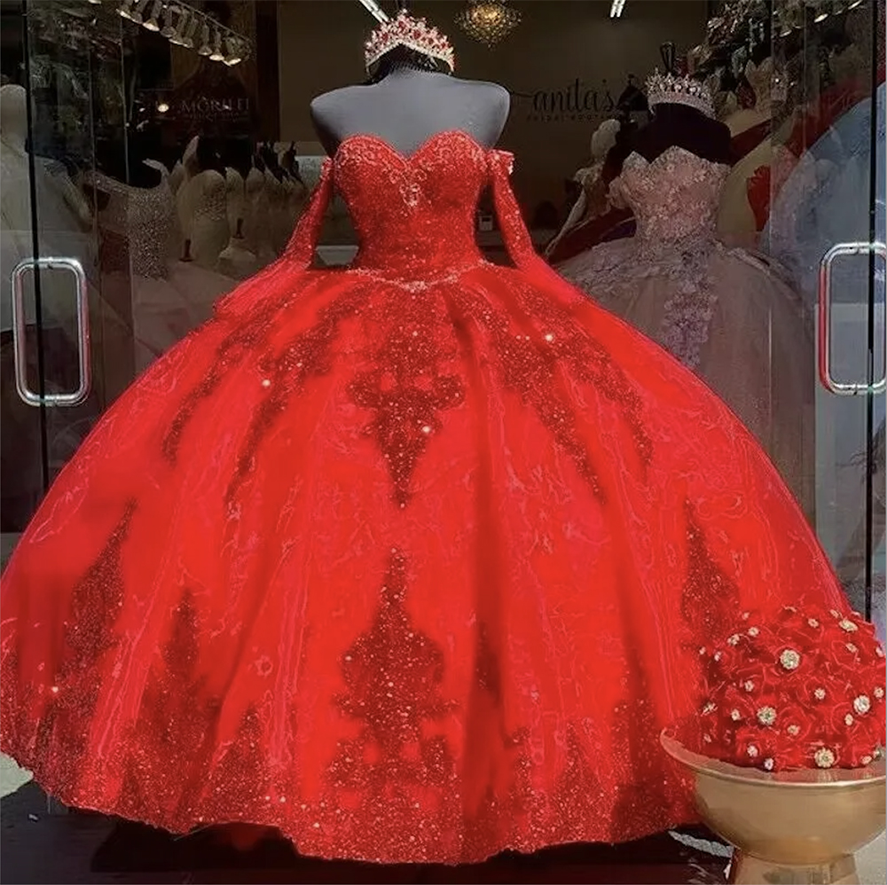 2024 Al largo della spalla rosso lucido Abiti Quinceanera pizzo con paillettes Appliqued Abito da ballo con perline Abiti da ballo bling bling Abito dolce 16 abiti da 15 ano abito da sposa sexy