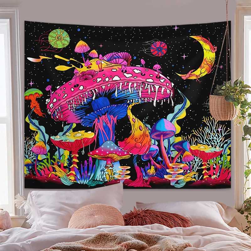 Tapissries fluorescerande färgad svamp Tapestry Ultraviolett svart ljus naturlig växt skogsmåne mystisk natt himmel tapestry