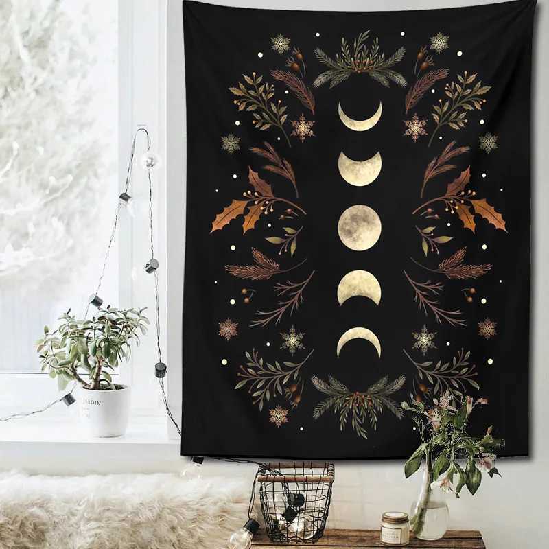 Tapestries Moon Phase Tapestry Wall Hanging Black Psychedelic Tapestries Flower Starry Bohemian Tapestries Art Home DecorationL240123