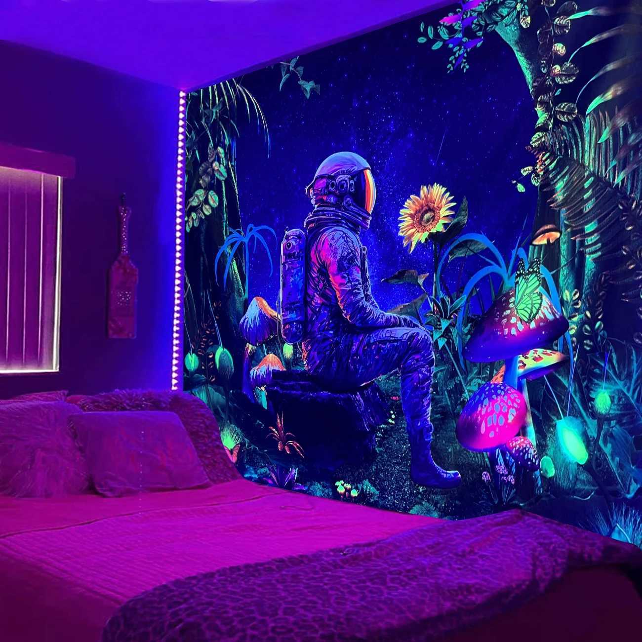 Tapestries Astronaut Forest Mushroom Fluorescent butterfly sun Tapestry Black Light Polyester Tapestry Wall Hanging For Living Room