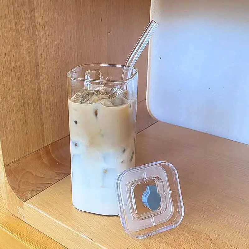 Tumblers fyrkantiga värmebeständiga kaffeglaskoppar med lock och halm transparent mjölk te juice koppar kaffemugg för hem baren dricker