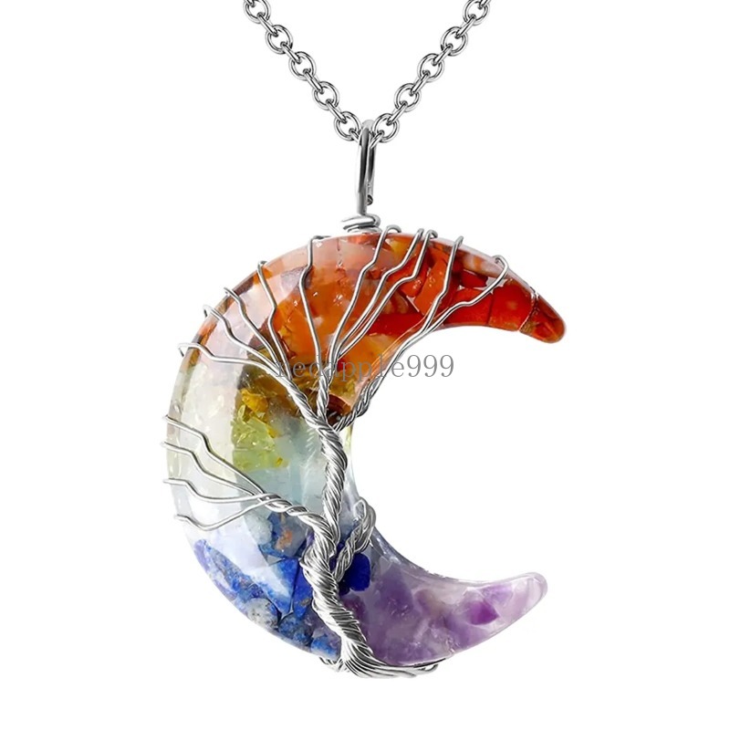 7 Chakra Steen Maan Hanger Ketting Reiki Healing Crystal Crescent Hars Ruwe Chip Edelsteen Vrouwen Meisje Sieraden Cadeau