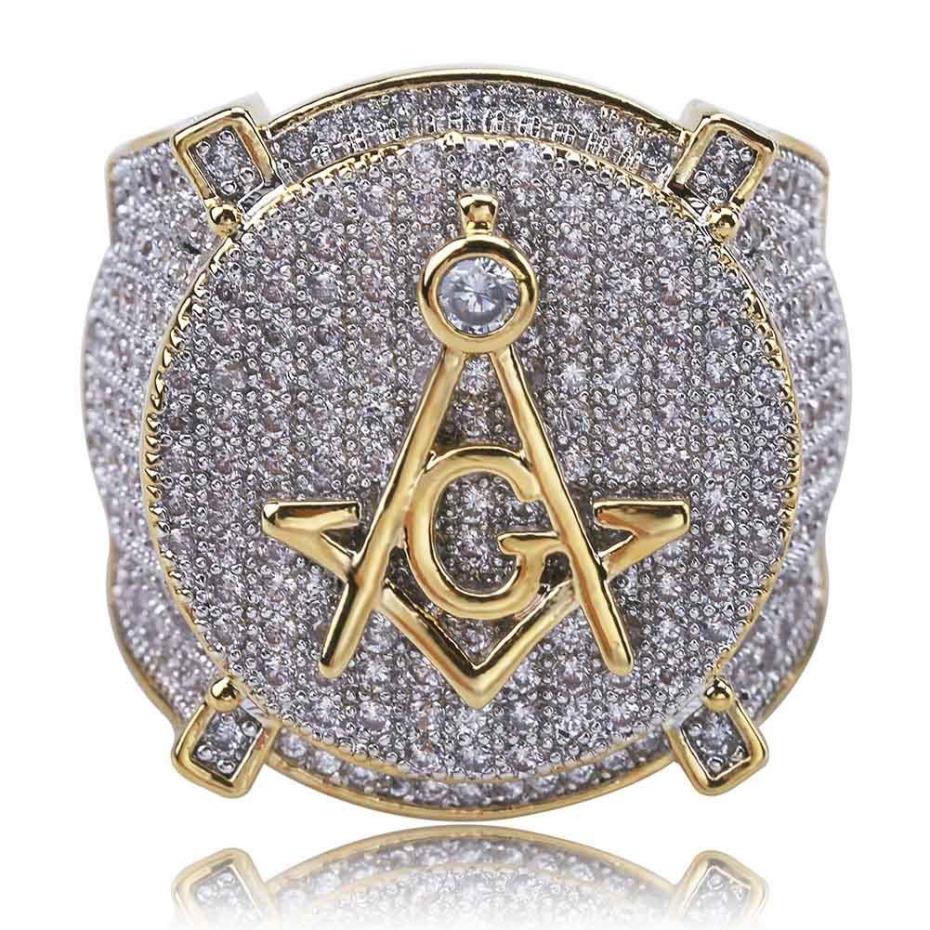 Hip Hop Masonic Ring All Iced Out High Quality Micro Pave CZ Rings Copper Gold Color Plated For Women Men279Q