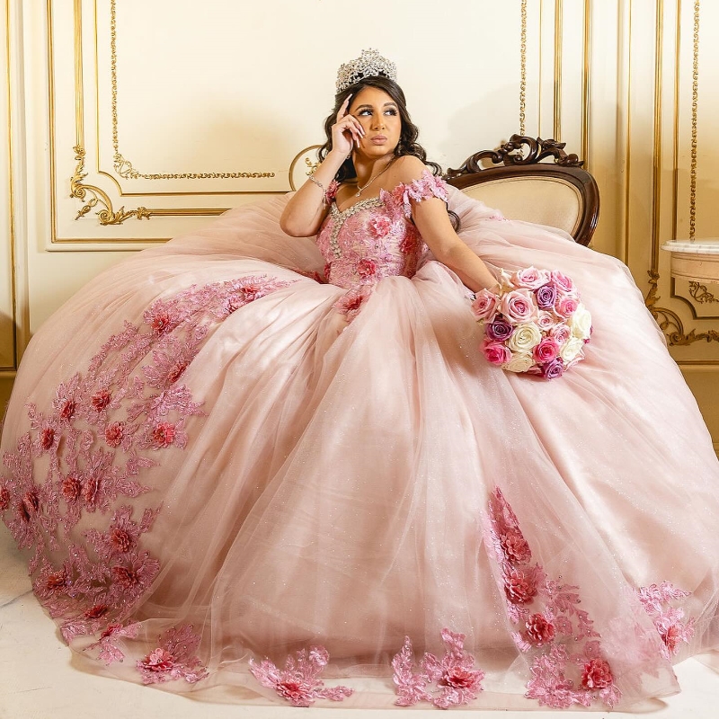 Różowa suknia balowa sukienka Quinceanera 2024 3D KWIATOWA KRYKATYK