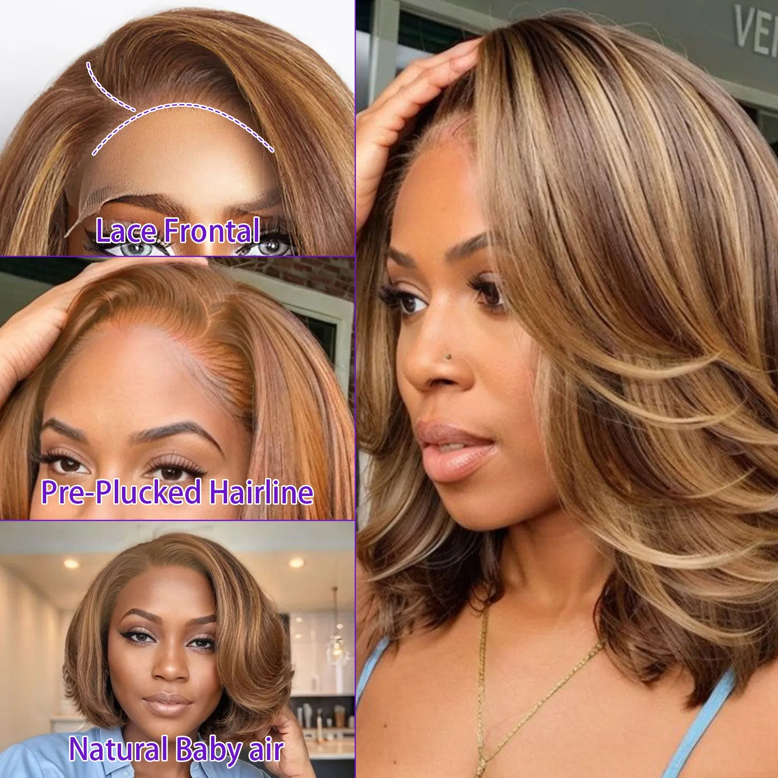 Leimlose braune Bob-Perücke mit blondem Haar, echte HD-Perücke mit 5 x 5 Spitzenverschluss, 180 % Seitenteil, vorgeschnittenes Echthaar, für Frauen