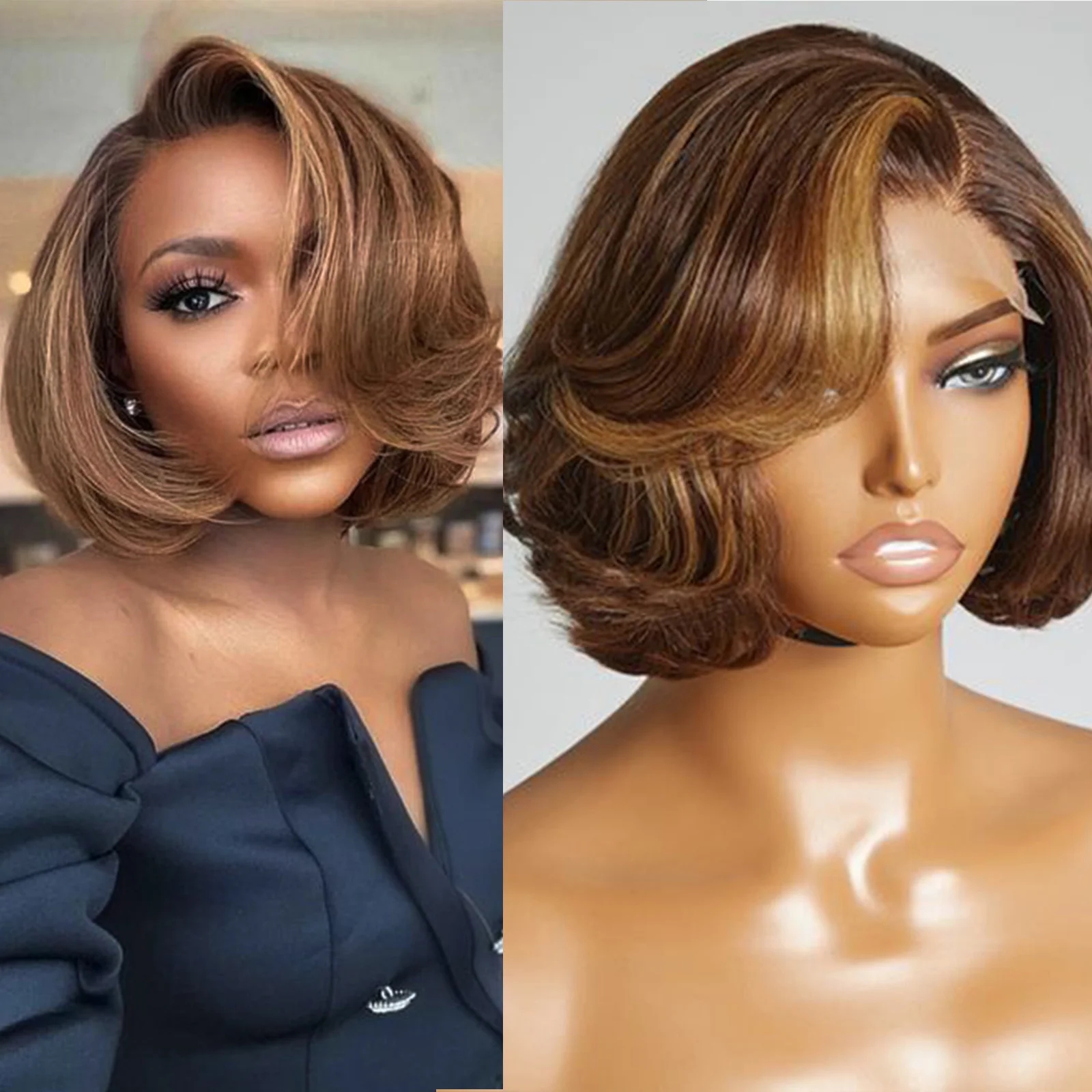 Perruque Bob Lace Closure Wig naturelle sans colle, cheveux naturels, mélange de bruns et blonds, 5x5, 180%, prédécoupés, avec raie latérale, à porter et à emporter, pour femmes