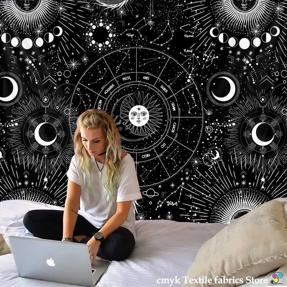 Tapisseries Blanc Noir Soleil Lune Mandala Ciel Étoilé Tapisserie Tenture Murale Bohème Gypsy Psychédélique Tapiz Sorcellerie Astrologie Tapisserie