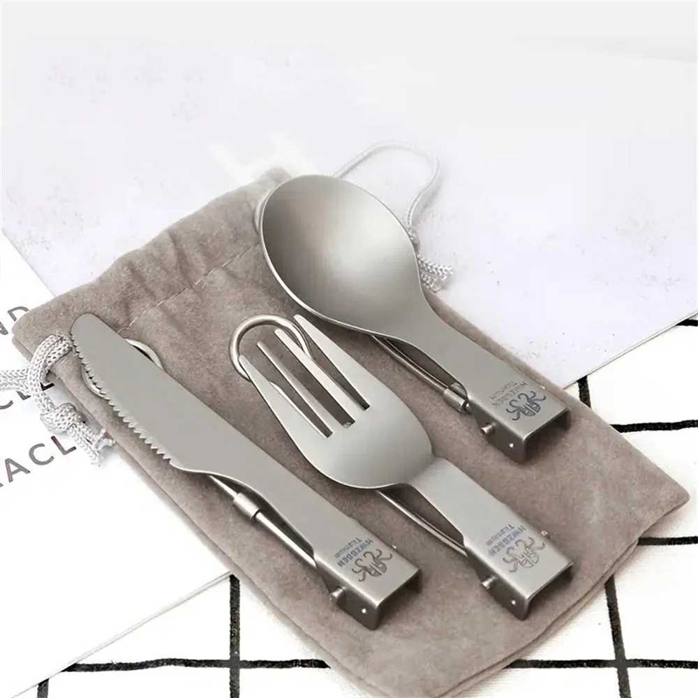 Camp Kitchen Titanium Spoon Fork Knife Set Ultralight Camping Tableware Outdoor cooking Equipment Cutlery Cookware Hiking Trekking Flatware YQ240123