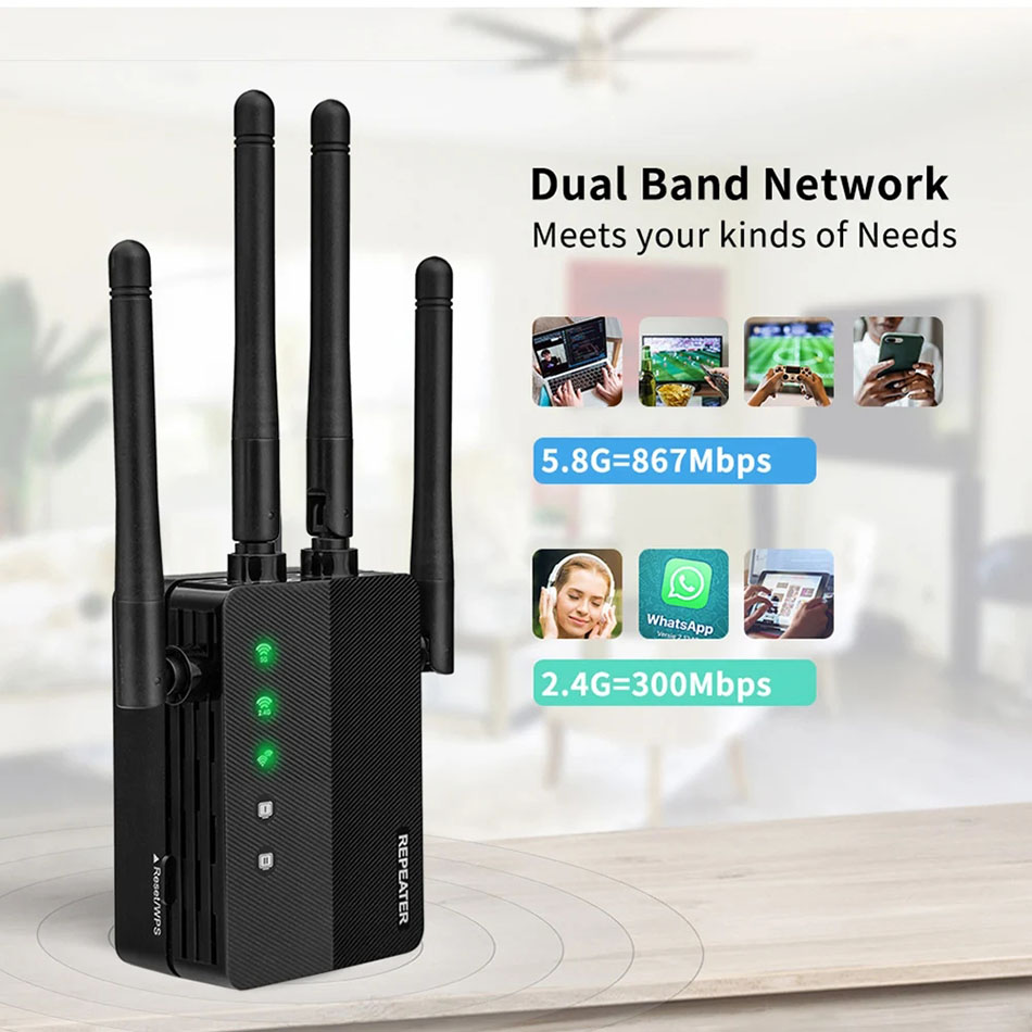 1200 Mbps draadloze wifi-repeater 2,4 GHz 5,8 G dual-band wifi-signaalverlenger netwerkzoekers met 4 externe antennes voor thuiskantoorrouter