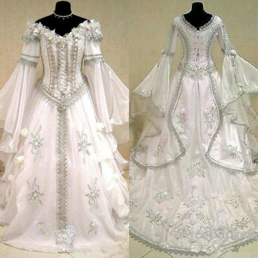 2020 średniowieczne sukienki ślubne Witch Celtic Tudor Renaissance Costume Victorian Gothic Off the ramion długim rękawem ślubnym ślubnym 283a