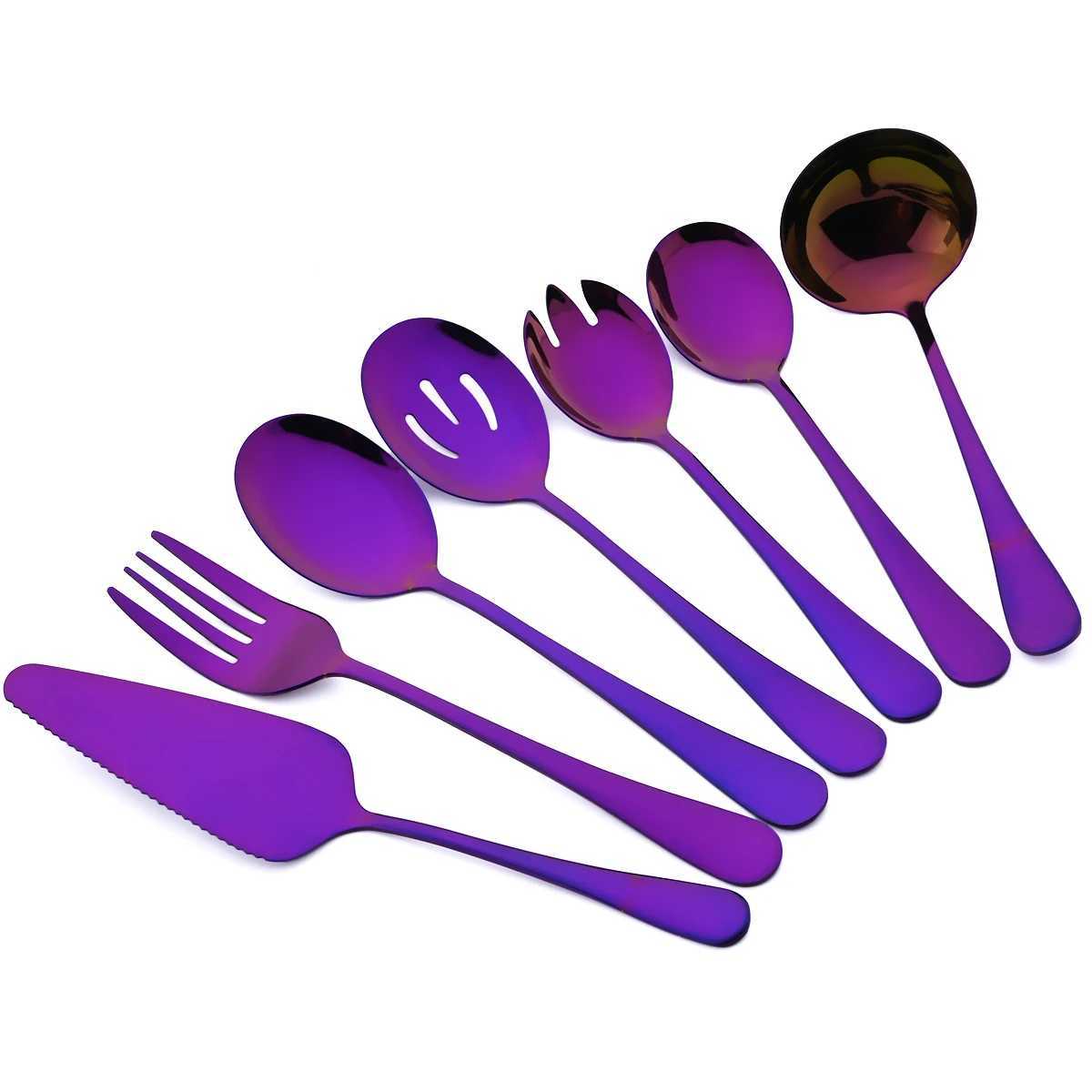 Camp Kitchen Purple Dinnerware Set Stainless Steel Soup Spoon Colander Spoon Set Service Spoon Salad Fork Cake Spatula Kitchen Tableware YQ240123