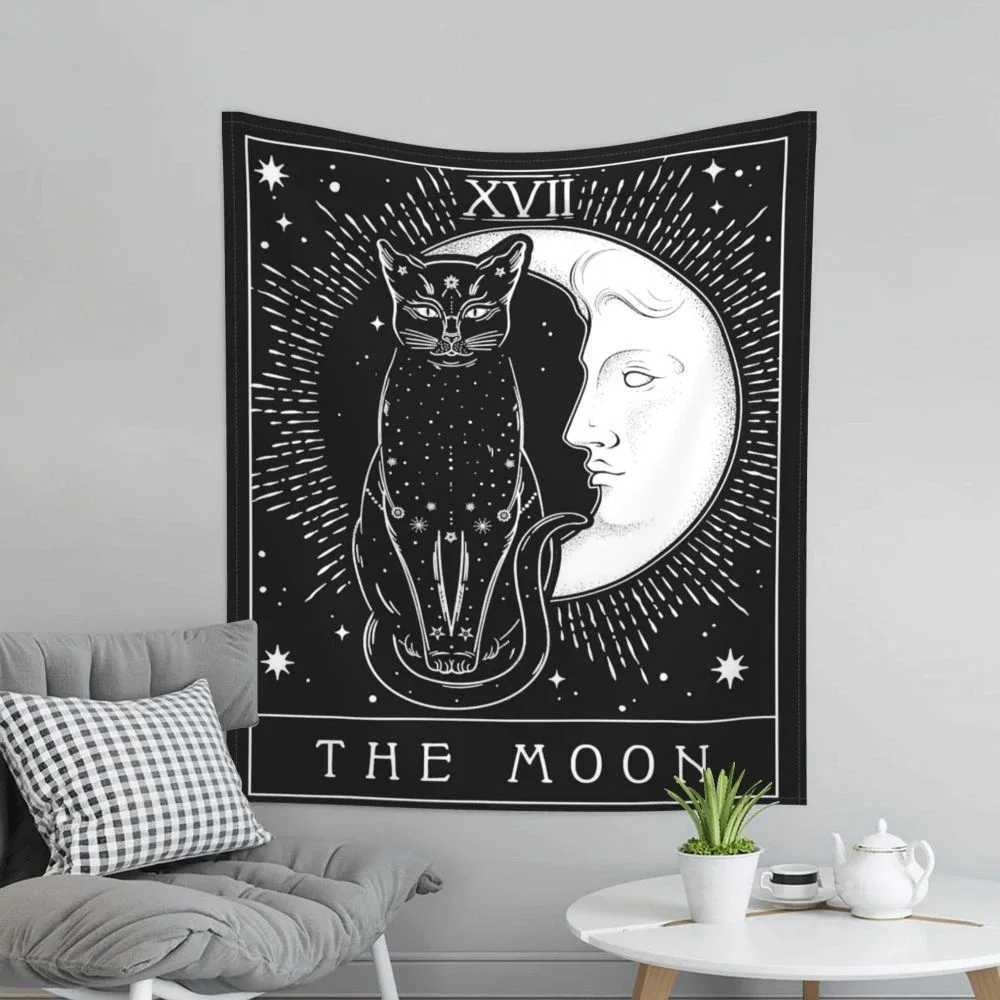 Wandteppiche, Tarot-Katze auf Mond, psychedelischer Wandteppich, Wandbehang, Schwarz-Weiß, geheimnisvolle Wahrsagerei, Hexerei, Wandteppiche, Hippie-Dekoration