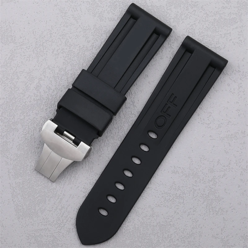 24mm 자연 품질 FKM 플루오로 고무 시계 밴드 Panerai 스트랩 팸 블랙 벨트와 나비 걸쇠 접이식 버클