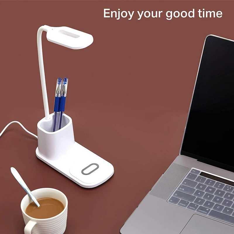 Lampki biurkowe Lampa biurka LED z bezprzewodową ładowarką naciśnięcia Lampy stołowe z 360 stopni elastycznym metalowym węża uchwyt na długopis YQ240123