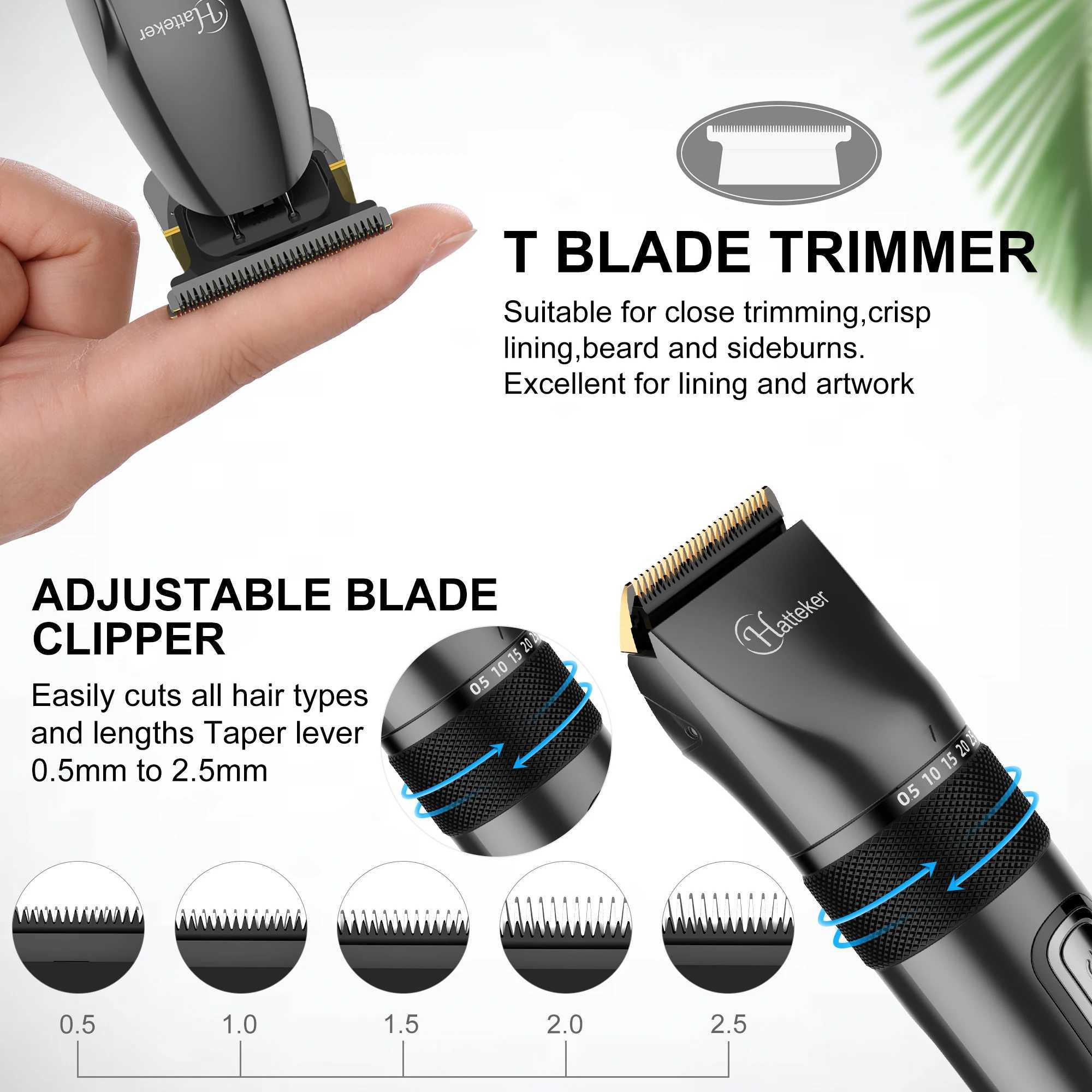 Hårklippare Hatteker Professional Hair Clippers och T-Blade Kit för män trådlöst skägg Barber Clipper Hair Cutting Kit Haircut Groom YQ240122