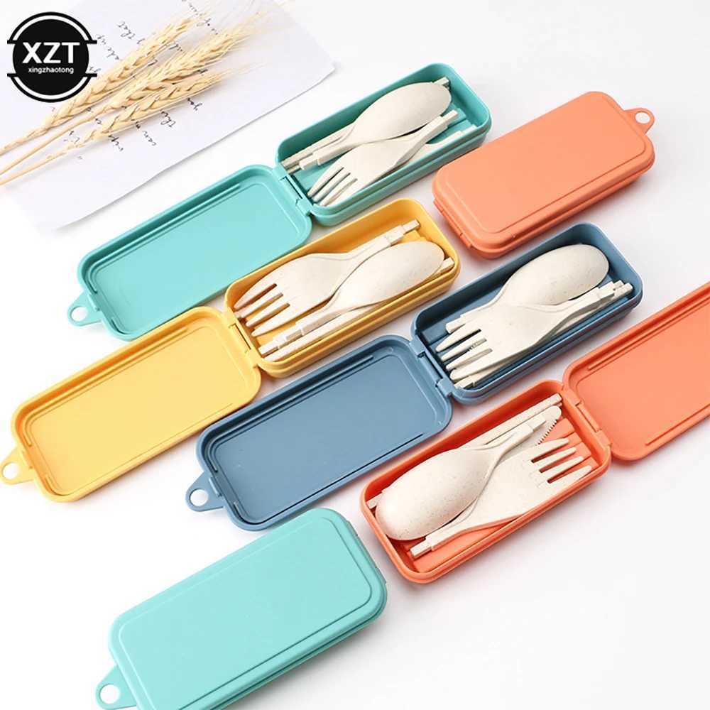 Camp Kitchen Foldable Wheat Straw Spoon Fork Knife Chopsticks Cutlery Set With Box Removable Dinnerware For Outdoor Travel Picnic Tableware YQ240123