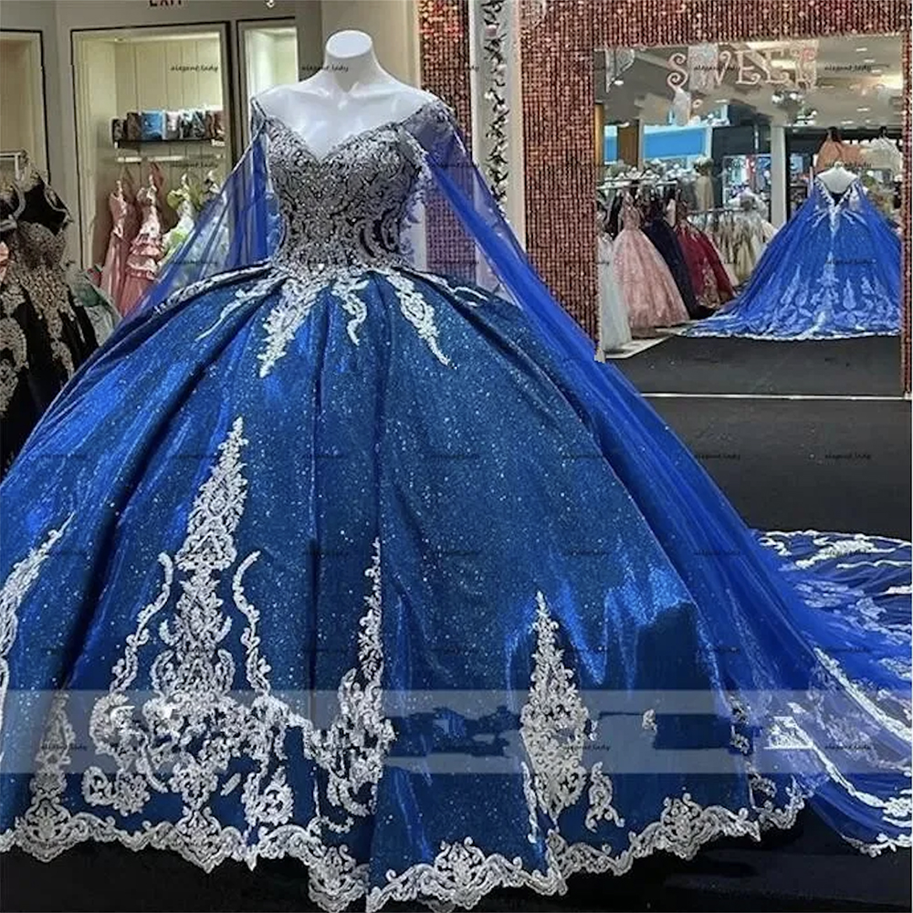 Glitter Royal Blue Court Train Quinceanera Dresses Ball Gown Formal Prom Graduation Gowns With Cape Princess Sweet 15 16 Dress