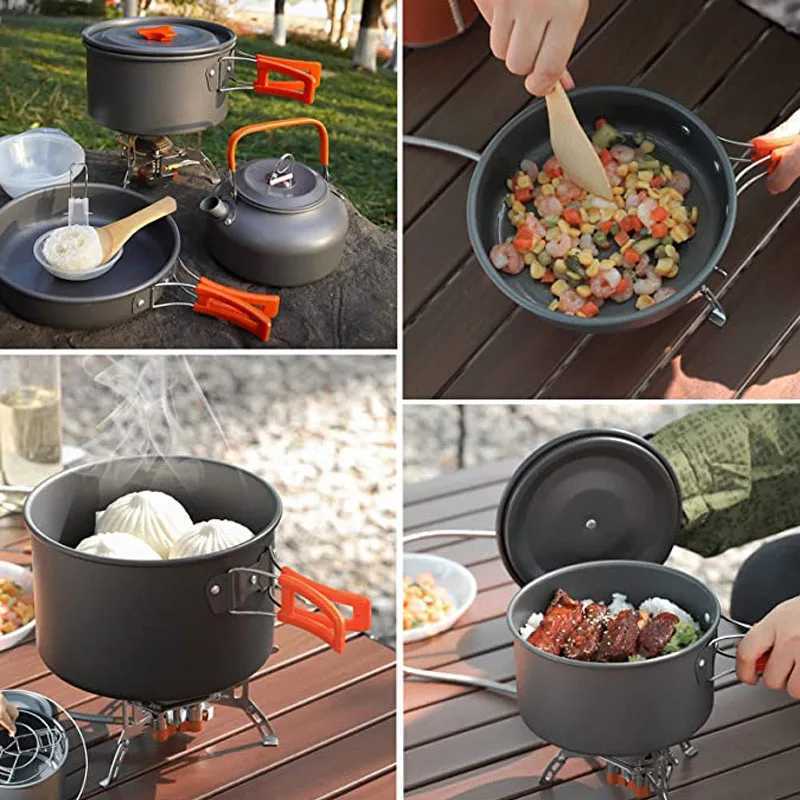 Camp Kitchen Camping Cookware Kit Outdoor Cooking Set Aluminium Equipment Outdoor Pot Travel Board Kök Kök Vandring Picknick BBQ YQ240123