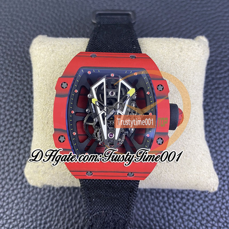 BBR 27-03 Real Tourbillon Hand Winding Mens Watch Black Ntpt Quartz Carbon Fiber Case Skeleton Dial Red Nylon Strap Super Edition Sport TrustyTime001 Watches Tour