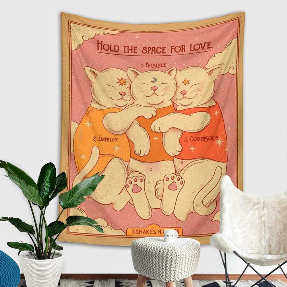 Tapisseries 95x73cm Tarot Chat Tapisserie Sorcellerie Soleil Lune Cœur Éternel Tenture Murale Boho Décor Maison Hippie Matelas Filles Dortoir DécorL240123