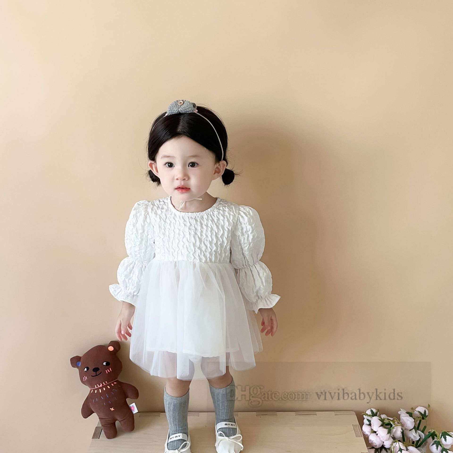 Baby 1st Birthday Party Dresses Little Girls Ruffle Puff Sleeve Splicing Spets Tulle Dress 2024 Spring Infant Kids Double Gaze Princess Clothes Z6843