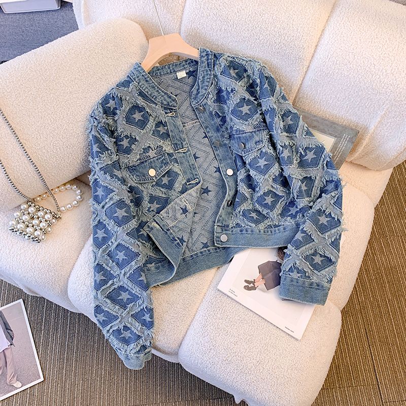 Women's new design spring o-neck stars print pattern ripped tassel patchwork denim jeans short jackets SMLXLXXL