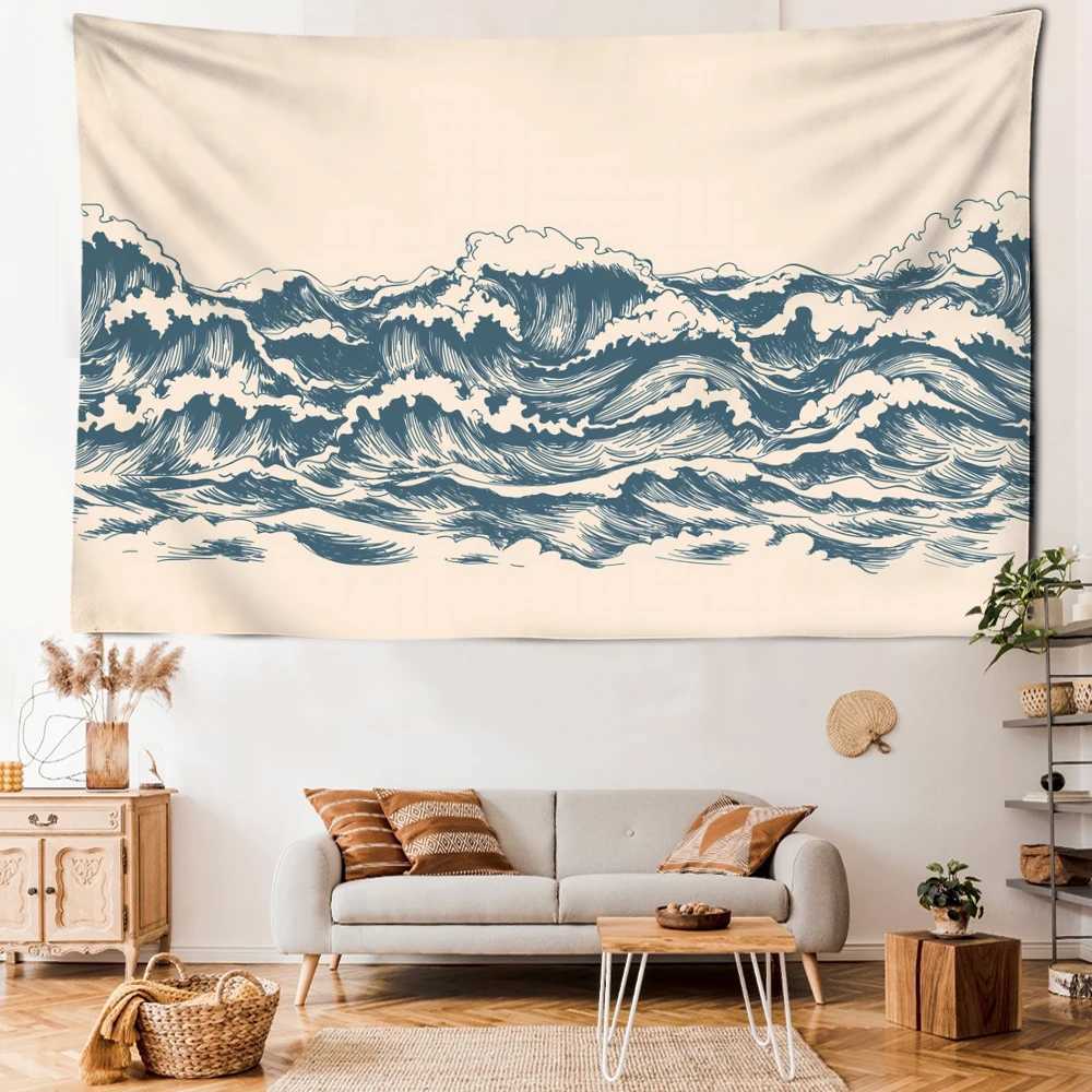 Tapestries Beige Cartoon Wave Tapestry Wall Hanging Minimalist Art Kawaii Bohemia Abstract Bedroom Living Room Home Decor