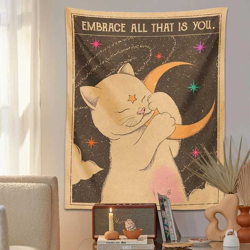 Tapisseries Soleil Lune Tarot Chat Tapisserie Tenture Murale Sorcellerie vous êtes un enfant de l'univers Bohême Décor à la maison Hippie Chambre Décor