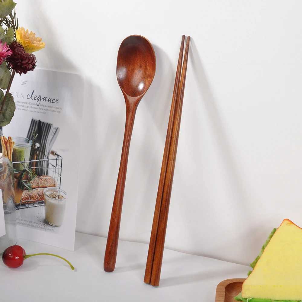 Camp Kitchen Japanese Wooden Tableware Set Portable Chopsticks Spoon Cutlery Set Travel Dinnerware Suit Chopstick +1 Spoons New YQ240123