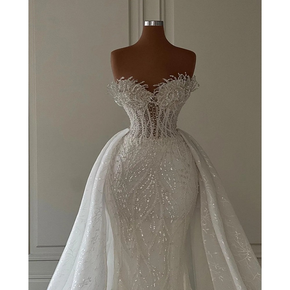 Stunningbride 2024 White Fashion African Sparkly Mermaid Wedding Dresses Custom Made Lace Appliques Sequins With Detachable Train Bridal Dresses