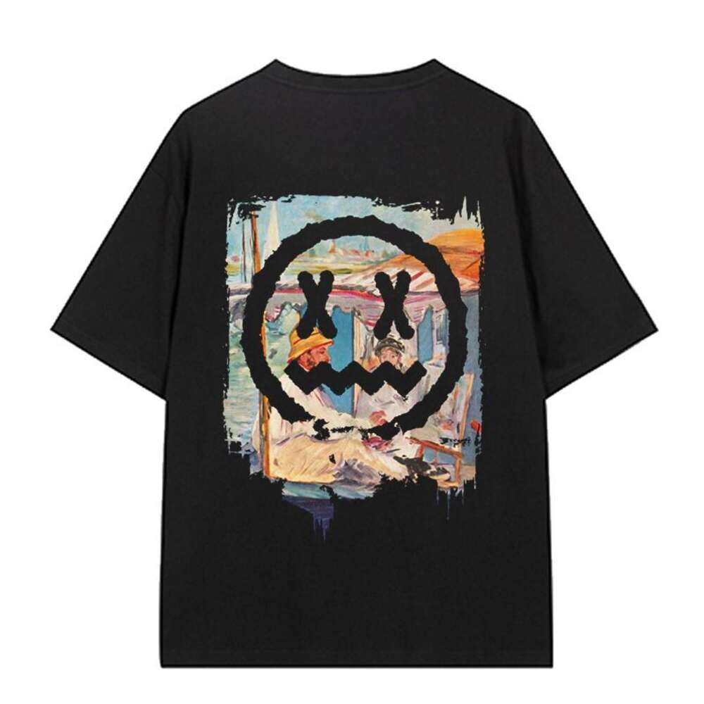 Mode lässig Herrenmode Marke klassischer kleiner Teufel lächelndes Gesicht Formel Graffiti Kurzarm lose Sommerpaarkleid chinesischer Stil T-Shirt