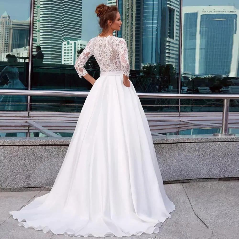 Elegant White Princess Wedding Dresses Jewel Neck 3/4 Long Sleeve Lace Appliques Country Bridal Gowns Pocket Satin Vestido De Novia