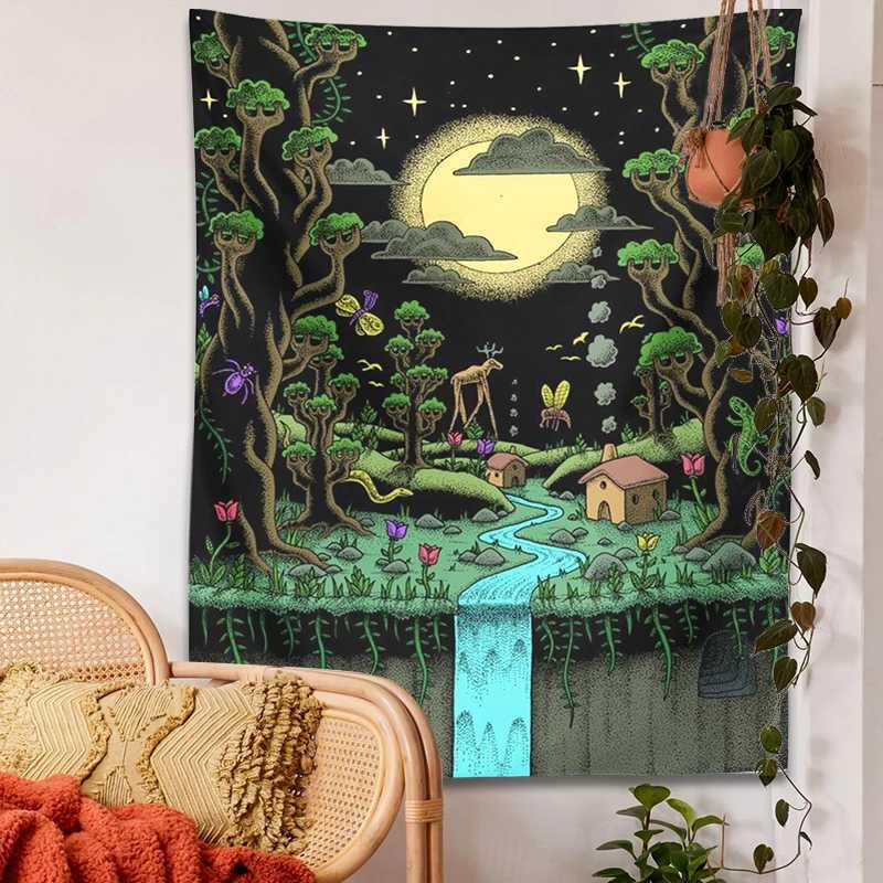 Tapestries Psychedelic Skull Tapestry Wall Hanging starry sky moon plant flowers space Skeleton Tapestries Witchy for Room Decor Home Decor