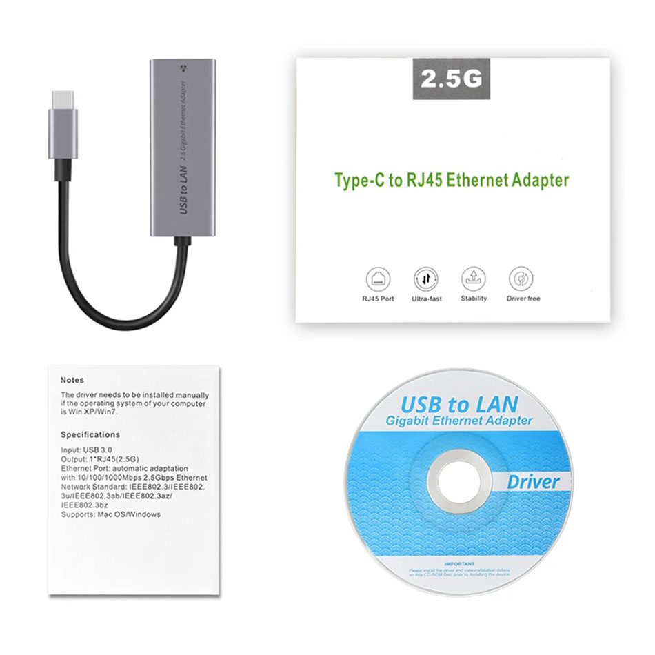 Typ C USB 3.0 auf RJ45-Kabel, 2500 Mbit/s, Netzwerkkarte, 2,5 G USB-Gigabit-Ethernet-Adapter, Laufwerk, kostenloses Plug-and-Play für Desktop-PC, Laptop