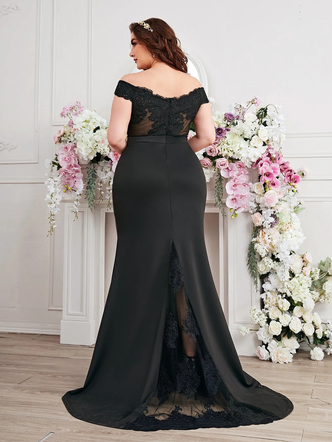 Robes de bal de taille sirène en dentelle noire pour une occasion spéciale sur l'épaule cou robes de soirée balayage train robe formelle appliquée