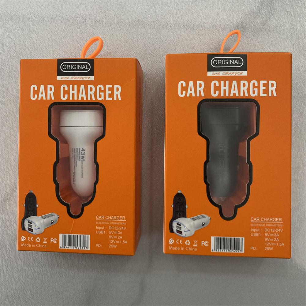 Car Charger phone Quick Charge 43W QC3.0 PD25W USB Type C Fast Charging For Android Huawei Xiaomi Poco GPS MP3 Universal Car-charge with retail box