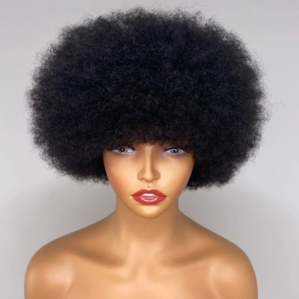 Fluffy Afro Kinky Curly Human Hair Wig with Thick Bang 70s Natural Short Bob Wigs for Black Women 180% Density Full Lace Front Wig